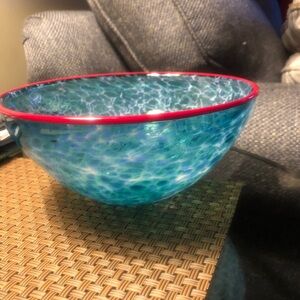 Handblown Blue Glass Bowl with Red Rim 7 inches in diameter 4 inches tall -
